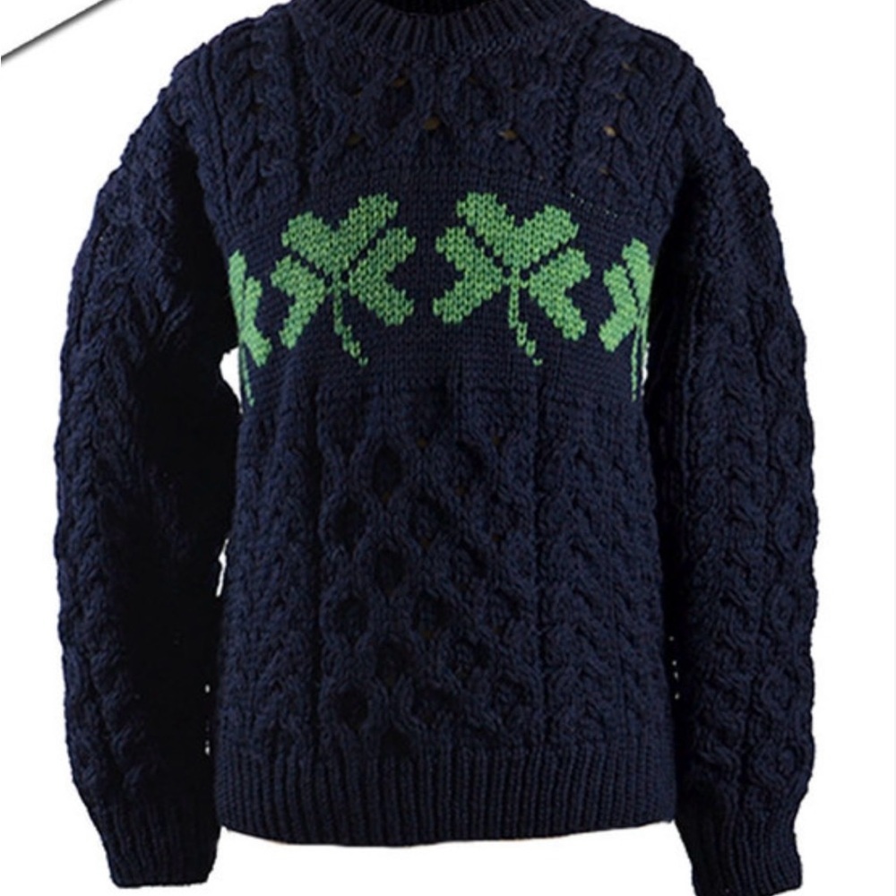 Aran Navy Blue Cable Knit with Green Shamrock Design Sweater size XXL